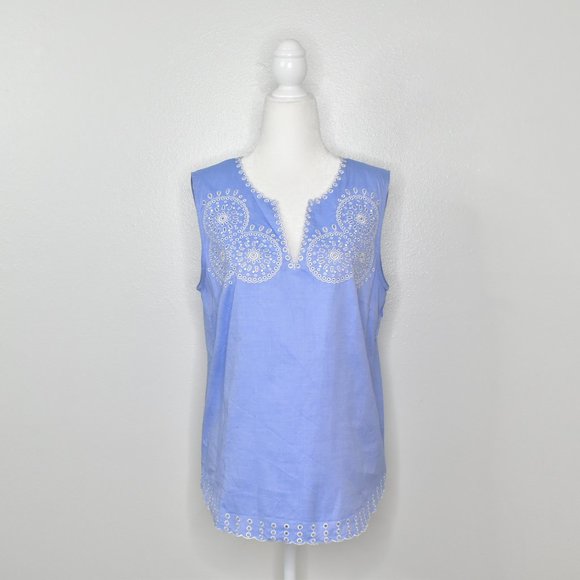 J. Crew Blue White Embroidered Eyelet Sleeveless Chambray Top Size 6 - Picture 1 of 15